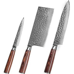 Set of 3 Damascus Kitchen Knives (Chef's Knife, Chopping Knife, Paring Knife)