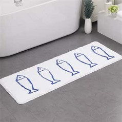 JameStyle26 Bath Mat Non-Slip Doormat, Blue White Fish Motif Bathroom Mat, Non-Slip Shower Mat, Quick-Drying Kitchen Mat, Bathroom Rug Mat (White, 45 x 120 cm)