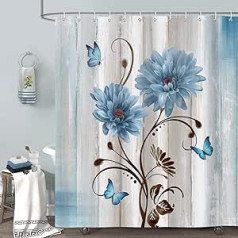 Bonhause Shower Curtain Rustic Daisy Blue Flower Farmhouse Wood Shower Curtains 180 x 180 cm Anti-Mould Waterproof Polyester Fabric Washable Bathroom Curtain for Bathroom with 12 Hooks