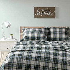 Comfort Spaces Cotton Flannel Flat Sheet with Pillow Case Breathable Warm Deep King Size Green Check Scottish Check 4 Pieces