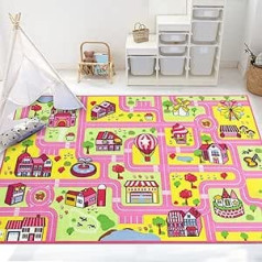 Capslpad Children's Rugs, Pink Play Mat for Children, City Street, 160 x 100 cm, Children's Rug, Play Mat, Learning Area, Rug, Educational Play Mat for Girls, Children's Room, Playroom