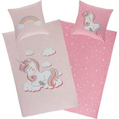 Aminata kids Unicorn Bed Linen 135 x 200 cm, 80 x 80 cm Girls Cotton Pink with YKK Zip - Reversible Children's Bed Linen - Reversible Children's Bedding Set - Rainbow, Rose - Unicorn Motif, Horses
