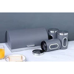 Reliance Kitchen Bread Bin with 3 Piece Container Set - Vented Bread Bin - Stainless Steel - Tea Coffee Sugar Glasses (Matte Grey)