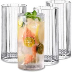 INSETLAN 370 ml ribbed long drink glasses with glass straw, ideal for whisky, beer, juices, dishwasher safe, high-quality cocktail glasses and drinking glasses