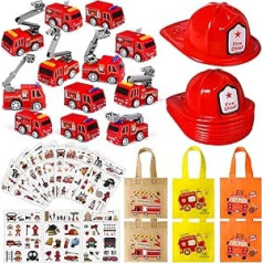 Tacobear Pack of 48 Fireman Party Bags Children's Birthday Party Favours Fire Helmet Fire Engine Small Wind-Up Car Party Bags Temporary Tattoos Fire Brigade Toy for Children Boys Girls