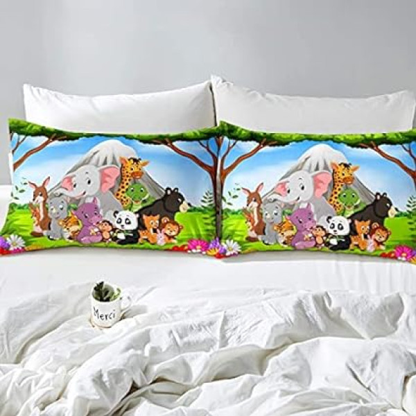 Loussiesd Children's Bed Sheet Set Cartoon Animal Printed Fitted Sheet 160 x 200 cm Children Boys Girls Cute Elephant Giraffe Wildlife Safari Zoo Pattern Fitted Sheet Bedroom Collection