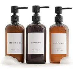 Stylish Shampoo and Conditioner Dispenser, Set of 3, Modern 600ml Shower Soap, PET Bottles with Pump and Labels, Easy to Fill Shower Wash Dispenser for Instant
