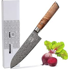 zayiko Damask Santoku Knife Blade 17 cm Extremely Sharp 67 Layers I Damascus Knife Kitchen Knife Made of Real Black Japanese Damascus Steel with Burl Wood Handle Birch Series Kinone