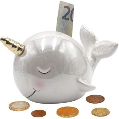 Dekohelden24 Ceramic Money Box Whale Pearl Effect White Unicorn Saving Box L/W/H: Approx. 17 x 13 x 11 cm, 17 cm