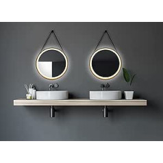 Talos Golden Summer Round Mirror Diameter 55 cm - Wall Mirror with Hanging Strap in Leather Look - Round Mirror in Trendy Design - Black Mirror with Light Frame - Round Bathroom Mirror with Lighting