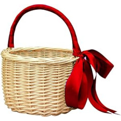 ZYLLZY Braided Storage Basket with Handle and Ribbon, Natural Rattan Basket, Portable Flower Basket, Ivory Flower Girl Basket Organizer for Wedding, Home Decoration