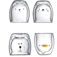 MOOVGTP Cute Coffee Cups Bear Duck Cat Tea Cup Double Wall Glass Milk Cup for Office and Personal Birthday Pack of 4