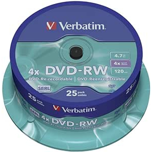 Verbatim DVD-RW 4x Matt Silver 4.7GB, 25er Pack Spindel, DVD Rohlinge beschreibbar, 4-fache Brenngeschwindigkeit & Hardcoat Scratch Guard, DVD leer, Rohlinge DVD wiederbeschreibbar