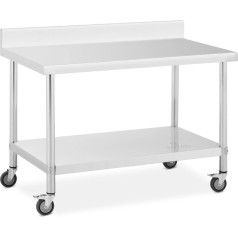 Royal Catering Metāla ēdināšanas galds uz riteņiem ar plauktu un malu, TĒRAUDS, 70 x 120 cm