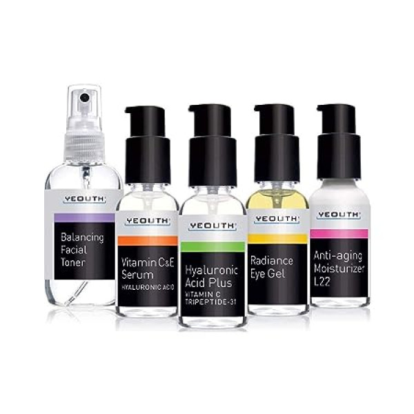Hyaluronic Acid Serum, Vitamin C Serum, Facial Toner, Eye Gel, Face Cream, Beauty Products, Face Care for Men and Women, Complete Anti-Ageing Skincare Set by YEOUTH 5 x 30 ml