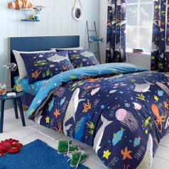 Bedlam Sea Life Glow In The Dark Cotton Duvet Cover Set, Multi-Colour, Duvet Cover Double