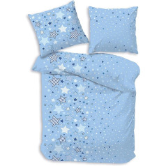 MTOnlinehandel Flannelette Bed Linen 135 x 200 cm Stars Motif Blue Cuddly & Soft Children's Bedding for Girls and Boys Pillowcase 80 x 80 cm + Duvet Cover 135 x 200 cm - 100% Cotton