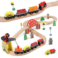 KABENFIS Wooden 39 Piece Train Tracks Toy with Crane Bridge and Wooden Train Tracks Train Toy for Children