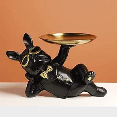 ‎Lgykumeg LGYKUMEG Cool Bulldog Decorative French Bulldog Sculpture Dog Statue Made of Resin Puppy Decoration with Stainless Steel Tray for Keys Organiser Sweets Storage Box, Black