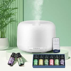 Aroma Diffuser Essential Oils, 500 ml with 6 Essential Oils, Ultrasonic 18 dB Room Fragrance Electric, 7 Colours + Music Player Defuser Air Aroma Oils, Diffuser with Remote Control, 2 Mist Modes