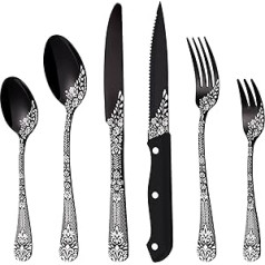 HONKKU Cutlery Set Black for 6 People, 36-Piece Stainless Steel Cutlery Set with Steak Knives, Cutlery Set Mirror Polished with Floral Patterns, Fork Spoon Knife Set Dishwasher Safe