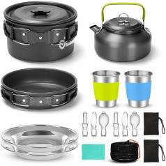 Odoland Camping Geschirr Set Camping Kochset für 2 Personen Töpfen mit Camping Teekessel Campingbesteck und Becher Leicht Aluminium Campingtöpfe Set Faltbare Kochgeschirr für Camping Outdoor Kochen