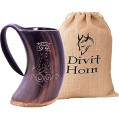 Divit Authentic Viking Horn | The Archaic Beer Mug | Royal Flair; Drink From a Real Ox Horn Mug (Fenrir, Polished) (Large Mjolnir (1 L), Polished)