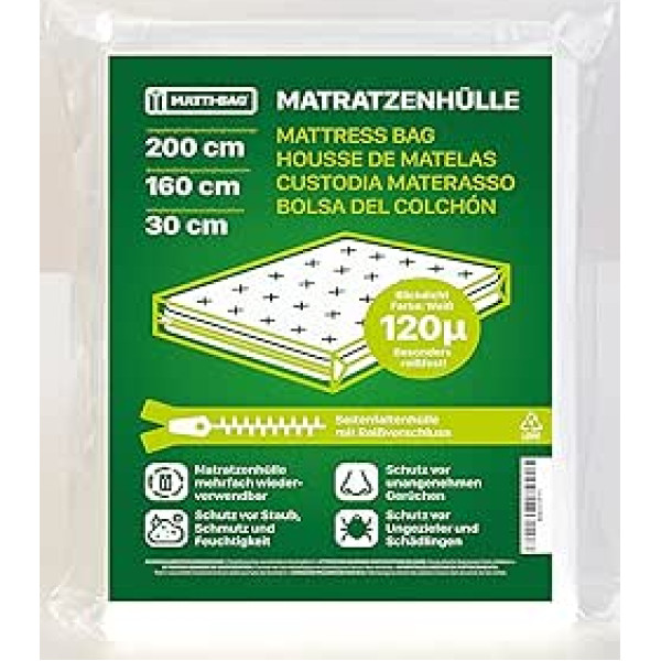 Matti-Bag Mattress Cover 160 x 200 cm - 30 cm Height with Zip Zip, Opaque, Extra Tear-Resistant 120µ for Mattress Transport, Moving, Storage