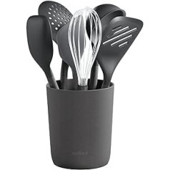 Zyliss E980244 7-Piece Kitchen Utensil Set with Storage Container, Silicone/Nylon/Wheat Straw/Stainless Steel, Grey, Ladle, Spatula, Cooking Spoon, Slotted Spoon, Whisk