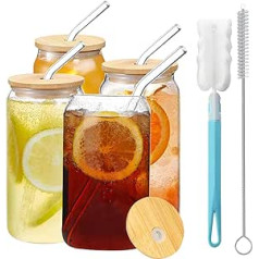 Bomvabe Tumbler Preserving Jar with Straw Glass Cups Set of 4 500 ml Anti-Mould Bamboo Lid Drinking Glasses for Iced Coffee