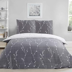 Sleepdown Willow Floral Pattern Very Soft Easy Care Hypoallergenic Printed White Reversible 200cm x 200cm + 2 Pillowcases 80cm x 80cm Grey 5056242760795