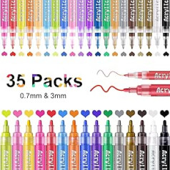 Ivsun Acrylic Pens for Stones Waterproof 35 Colours Stones Painting Set 0.7 mm & 3 mm Tip Permanent Marker Pens Glass Colouring Pens for Paper, Canvas, Wood, Stained Glass, Ceramics, Crafts