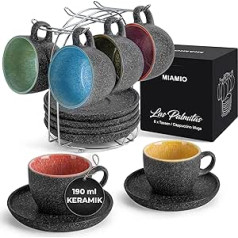 MIAMIO - 190ml Stackable Ceramic Cappuccino Cups with Saucers and Metal Stand - Set of 6 Stoneware Cups for Coffee, Americano, Latte, Café Mocha and Tea - Las Palmitas Collection