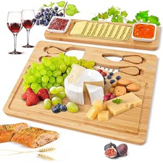 BEAUTLOHAS. Bamboo cheese board with cheese tools, charcuterie board, cheese plate set, serving tray for wine crackers, brie and meat, bamboo server, housewarming gift for treats and Christmas