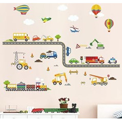 decalmile Wall Sticker Transport Cars Vehicles Wall Sticker Bus Truck Plane Children's Room Boys Wall Sticker Baby Room Bedroom Playroom Wall Decoration