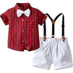 Newborn Clothes Set Toddler Boys Short Sleeve Red Striped Tie Shirt Tops Suspender Shorts Child Kids Gentleman Outfits