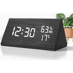 VORRINC Alarm Clock Digital Alarm Clock Wood Effect Alarm Clock Table Clock with Voice Control / Date / Indoor Temperature and Humidity, 3 Adjustable Alarm Groups for Home, Children, and Office