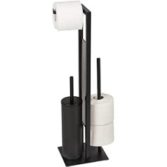 WENKO Rivalta Closed Standing Toilet Brush Set Matte Painted Steel with Heavy Safety Glass Plates with Toilet Brush, Toilet Paper and Spare Roll Holder, Black