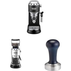 De'Longhi Espresso Portafilter Machine, Black + De'Longhi Electric Coffee Grinder, Silver + DeLonghi Coffee Tamper Made of Stainless Steel with Wooden Handle, Black, Silver