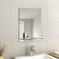 EMKE Frameless Mirror with Shelf - Small Bathroom Wall Shaving Mirror with Storage Space, Rectangular Vanity Mirror, 45 x 60 cm