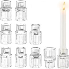Glasseam Small Taper Candle Holder Glass, Set of 10 Candle Holders for Taper Candles, Ribbed Candle Holder Christmas for Wedding Table Decoration, Chic Candle Holder Taper Candle for Halloween