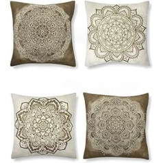 SUMGAR Beige Coffee Mandala Throw Cushion Covers Spring Indian Boho Pattern Square Cushion Covers Bohemian Cushion Covers for Living Room Sofa Bed with Invisible Zip 50 x 50 cm Pack of 4