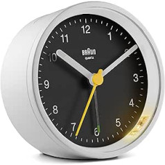 Braun BC12WB Classic Analogue Alarm Clock with Snooze Function and Light, Quiet Quartz Crescendo Alarm in White and Black