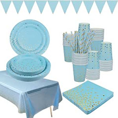 Blue and Gold Dot Paper Party Tableware Supplies - Dinner/Dessert Plates, Cups, Napkins, Straws, Banner, Tablecloth for Birthday Party, Wedding, Bridal Shower - Serves 25