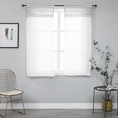1 Pair White Semi Transparent Curtains with Stripes Top Grey with Embroidery Linen Mix Shabby Chic Style for Living Room Bedroom Window Indoor 2 Panels with Bag (grey, 60 x 150 cm)