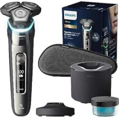 Philips Shaver S9000 – Elektrischer Nass-& Trockenrasierer für Männer, Dunkelchrom, Lift & Cut System, SkinIQ Technologie, Barttrimmer, Reinigungsstation, Ladestation & Reiseetui (Modell S9974/55)