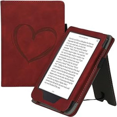 kwmobile Protective Case Compatible with Kobo Clara 2E / Tolino Shine 4 Flip Case - Cover with Hand Strap - Heart Brush Dark Red