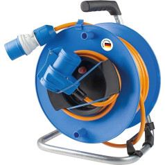 as - Schwabe Camping device cable reel 230 V / 16 A / 3-pin, 25 m polyurethane cable, 1.5 m connection cable with CEE angled coupling and earthing contact socket and CEE powerlight plug, IP44, 12276