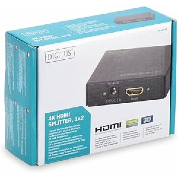 DIGITUS DS-46304, 2-Port HDMI Splitter, 1x2 - Ultra HD, 4K, 30Hz - HDCP 1.3 - 3D Video Format - Black