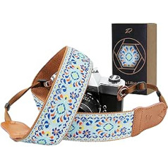 Padwa Lifestyle Camera Strap - 2 Inch Wide Vintage Embroidered Cotton Camera Straps with Cowhide Ends, Can Be Used as a Strap for All Cameras, Binoculars Strap and Drone Remote Control Strap - Blue